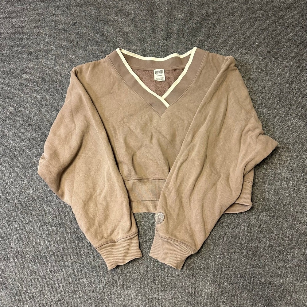 Pink Sweatshirt Womens Size L Brown V-Neck Cropped Relaxed Fit Crest Logo Patch